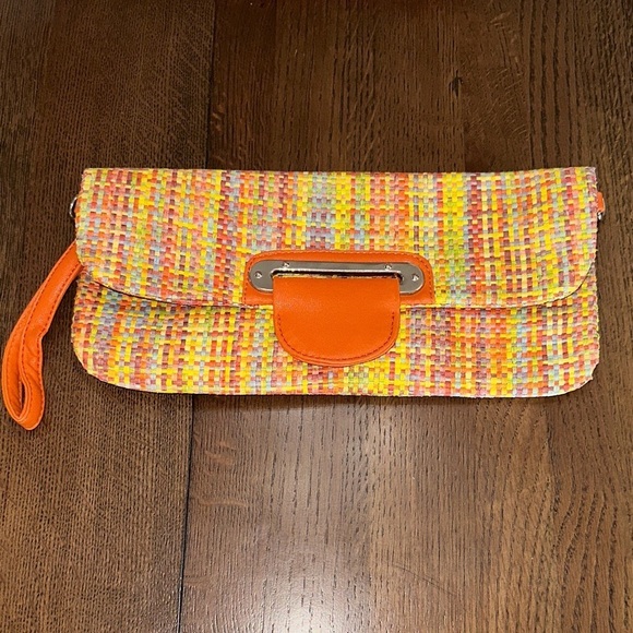 leon and lulu Handbags - Vibrant Multicolor Woven Clutch with Orange Detail